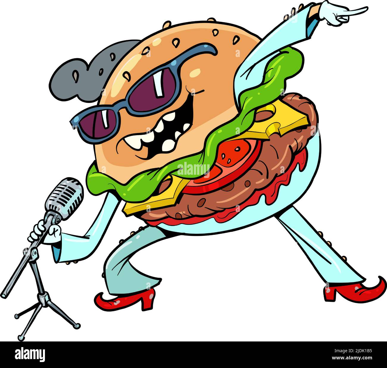 Fastfood-Burger singt auf der Bühne, Künstlersänger. Musik und Essen Stock Vektor