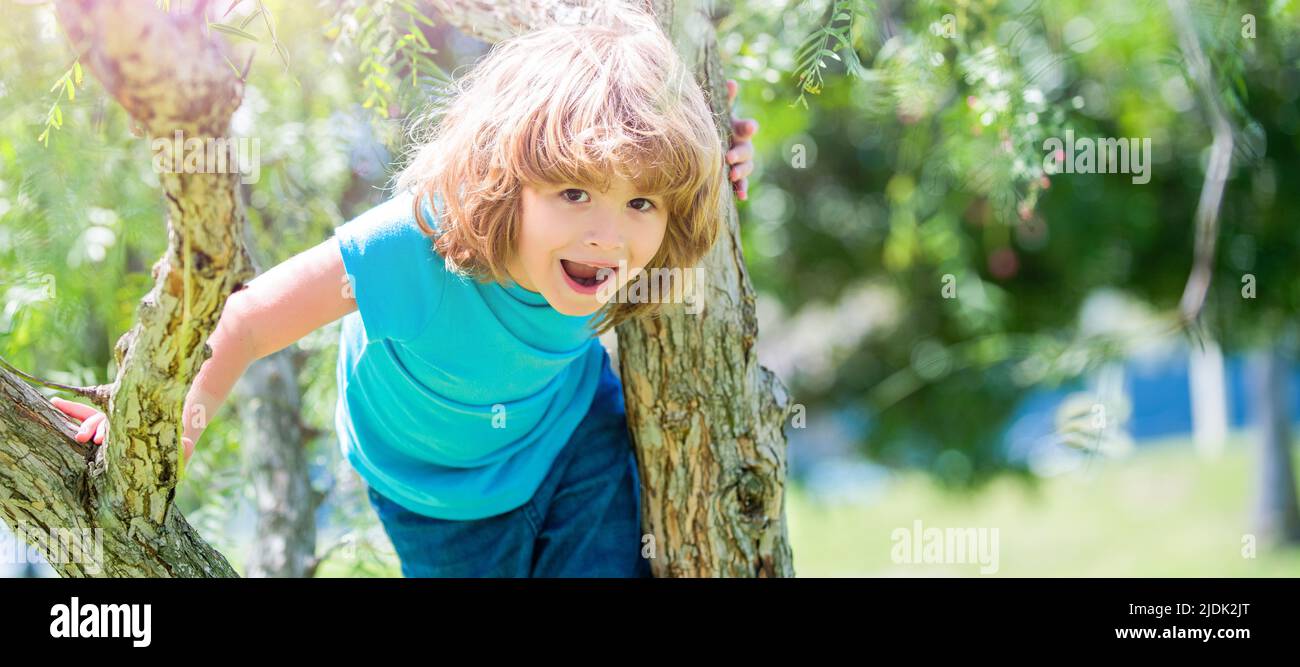 Glücklich energisch Junge Kind klettern Baum Sommer im Freien, Baum klettern. Horizontales Posterdesign. Web-Banner-Header, Kopierbereich. Stockfoto