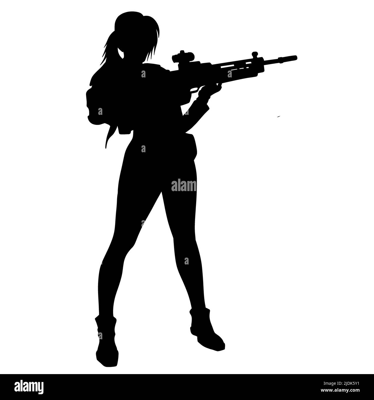 Schwarz-weiße Silhouette eines Mädchens mit einem Gewehr. Eine super Frau in einem Lederanzug mit Pistolen und einem Maschinengewehr oder Gewehr. Ein Computerspiel Stockfoto