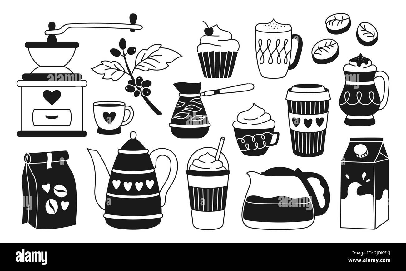 Kaffeetassen-Getränk, Bohnen und Stempel-Set aus CEZVE-Köpfen. Frühstück Cappuccino Espresso Tasse, Cupcake und Wasserkocher, Latte Glace Tassen zu gehen. Rustikale arabica-Mühle. Menü „Kaffeehaus“ mit linearem Vektorsymbol Stock Vektor