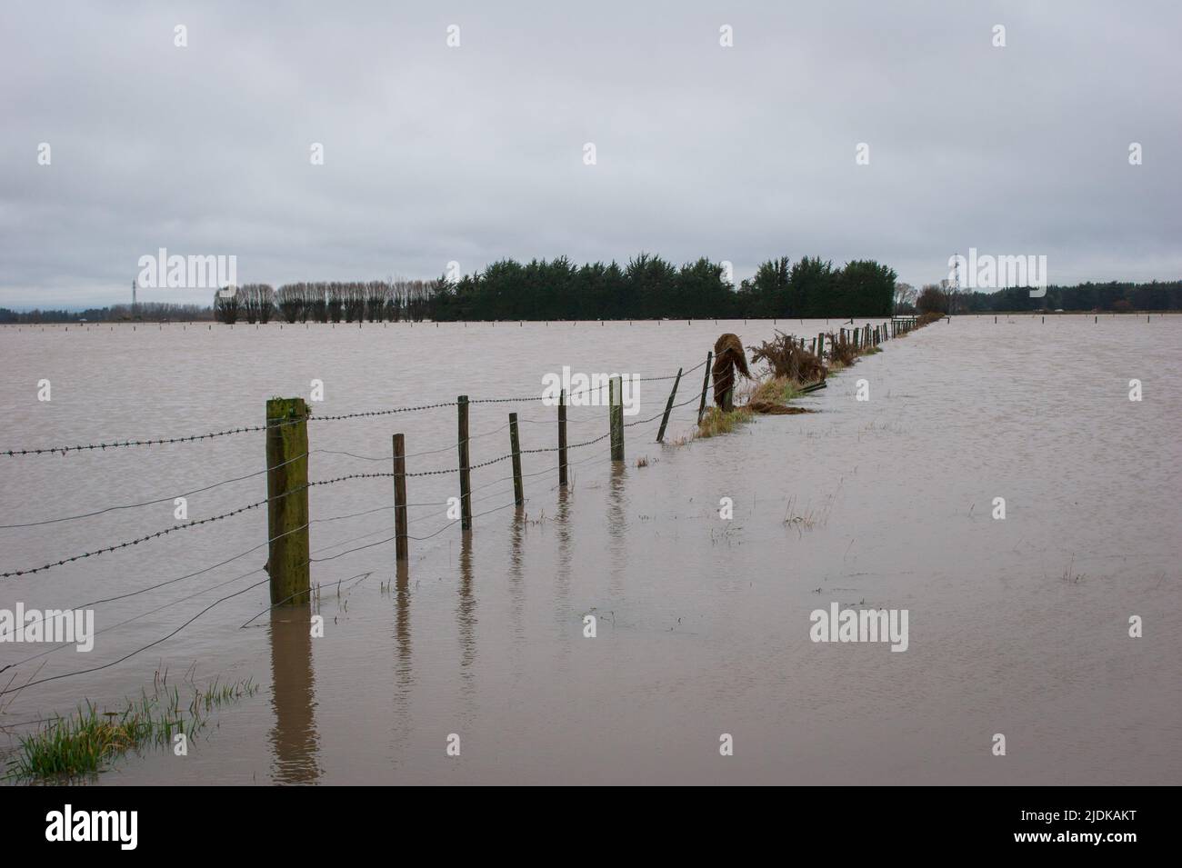 Ein Blick auf das Leben in Neuseeland: Überschwemmungen rund um die Stadt Kaiapoi: Juli 2008. Stockfoto