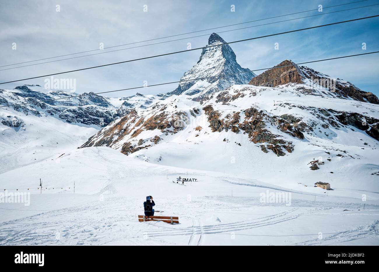 Matterhorn-Landschaft von der Seilbahnstation Schwarzsee, Zermatt Stockfoto