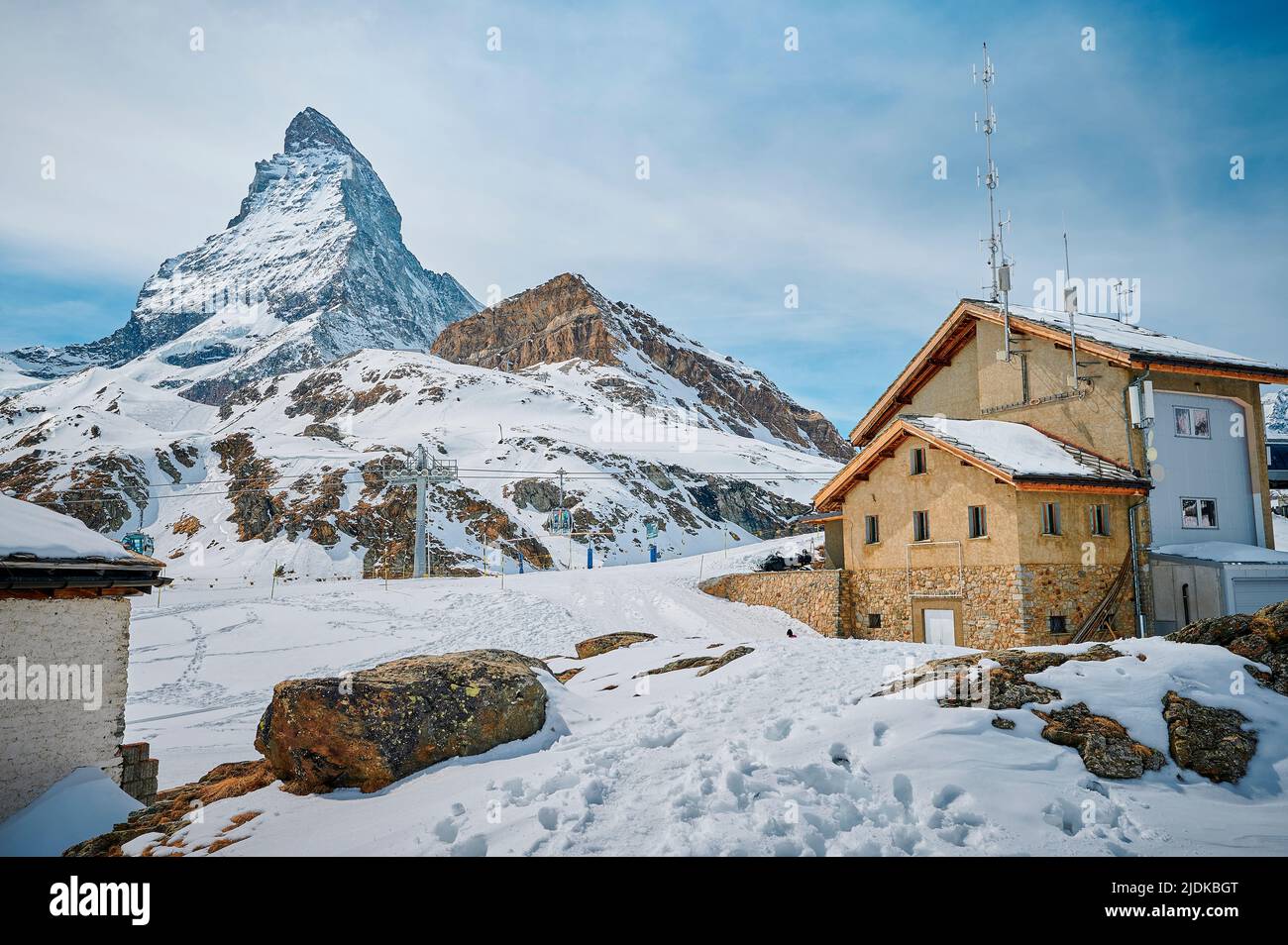 Matterhorn-Landschaft von der Seilbahnstation Schwarzsee, Zermatt Stockfoto