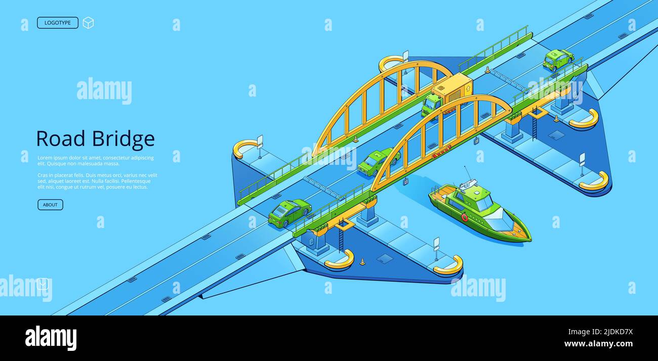 Straßenbrücke isometrisches Webbanner mit städtischer Infrastruktur und Transport von Autos, Lastwagen und Booten, die sie überqueren. Stadtarchitektur Stein Zugbrücke Konstruktion auf Pfählen, 3D Vektor-Linie Kunst Illustration Stock Vektor