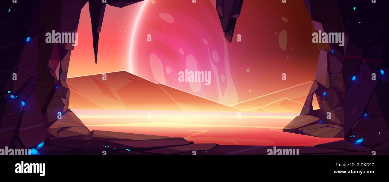 Alien Planetenlandschaft, Spielhintergrund. Höhle in Felsen mit roter Oberfläche. Fantasy-Berg mit verborgener Höhle und plasmatisch leuchtendem Himmel. Außerirdische Kulisse des Mars, Cartoon-Vektor-Illustration Stock Vektor