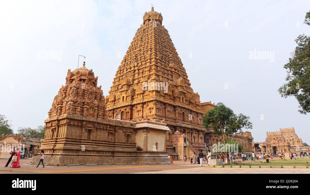 INDIEN, TAMILNADU, THANJAVUR, 2022. März, Anhänger des Brihadeeswarar-Tempels, Big Temple, UNESCO-Weltkulturerbe Stockfoto