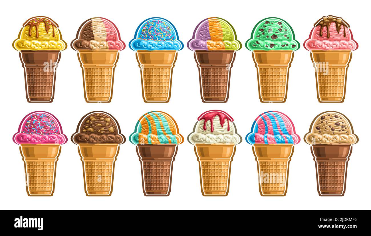 Vector Ice Cream Set, Lot Sammlung von ausgeschnittenen verschiedenen Illustrationen der Gruppe american Scoop Ball Eis in Waffelkegel, Icon-Set aus vibrierenden k Stock Vektor