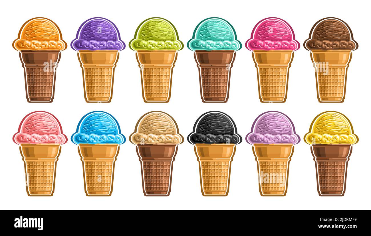 Vector Ice Cream Set, Lot Sammlung von ausgeschnittenen verschiedenen Illustrationen von Gruppe erfrischende Kugel Eis in Waffelkappen, Icon Set von bunten Stock Vektor