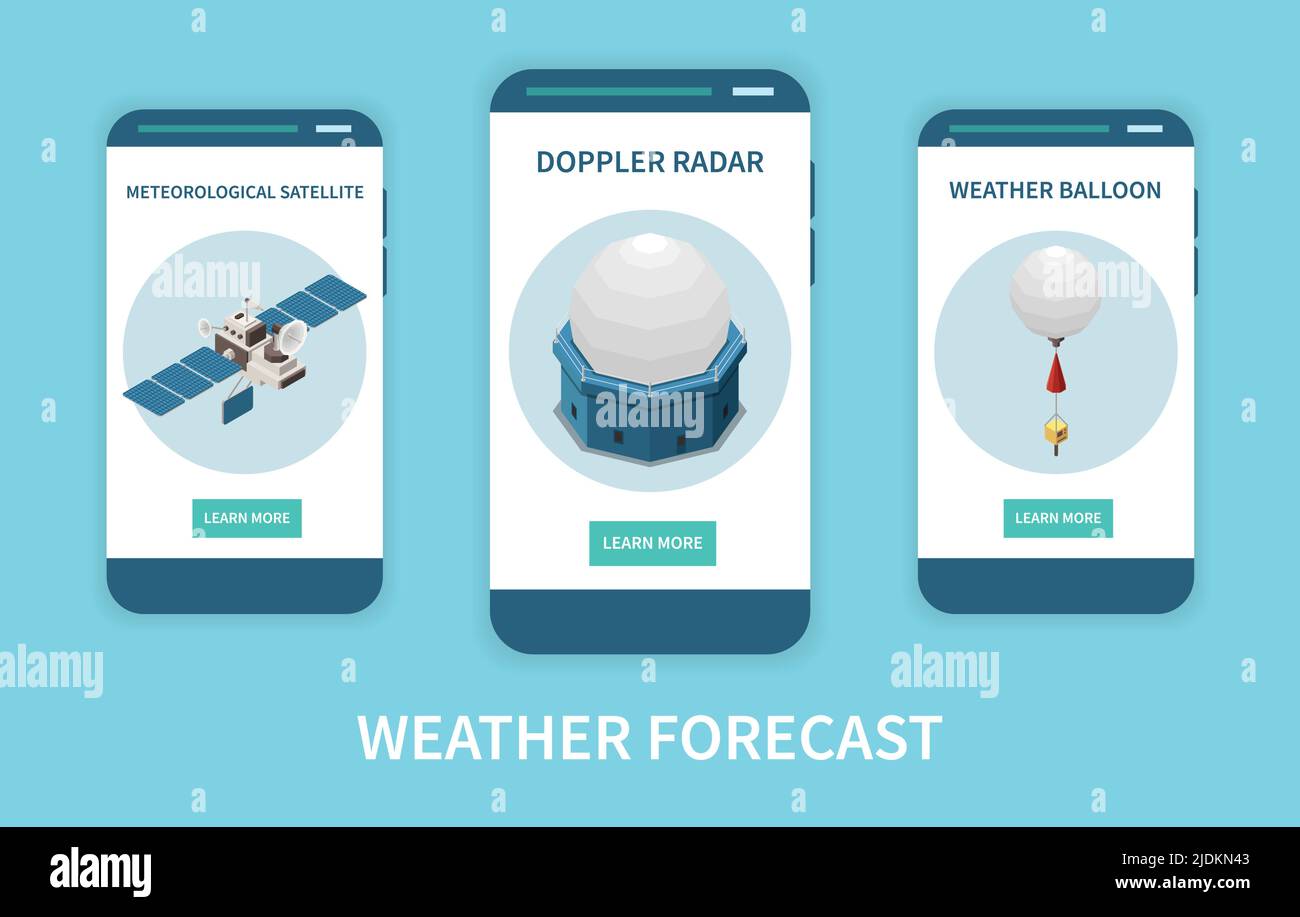 Isometrischer Wetterbericht mit Radar- und Satellitensymbolen als isolierte Vektorgrafik Stock Vektor