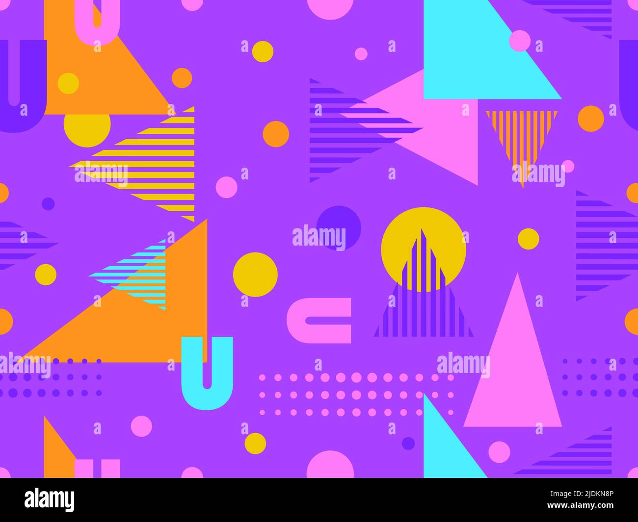 Geometrisches Nahtmuster mit memphis-Elementen im 80s Style. Farbenfrohes geometrisches Muster. Design von Werbeartikeln, Geschenkpapier und Druck Stock Vektor