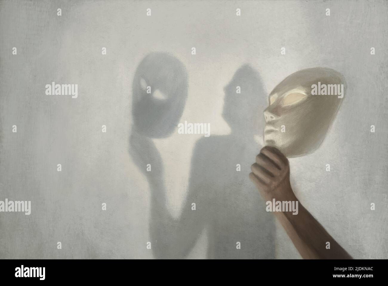 Surrealer Schatten an der Wand eines Menschen, der die Maske aus seinem Gesicht, Konzept der Wahrheit und Fiktion zieht Stockfoto