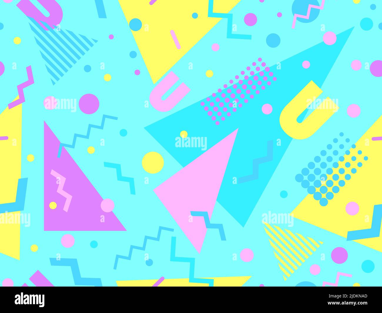 Geometrisches Nahtmuster mit memphis-Elementen im 80s Style. Farbenfrohes geometrisches Muster. Design von Werbeartikeln, Geschenkpapier und Druck Stock Vektor