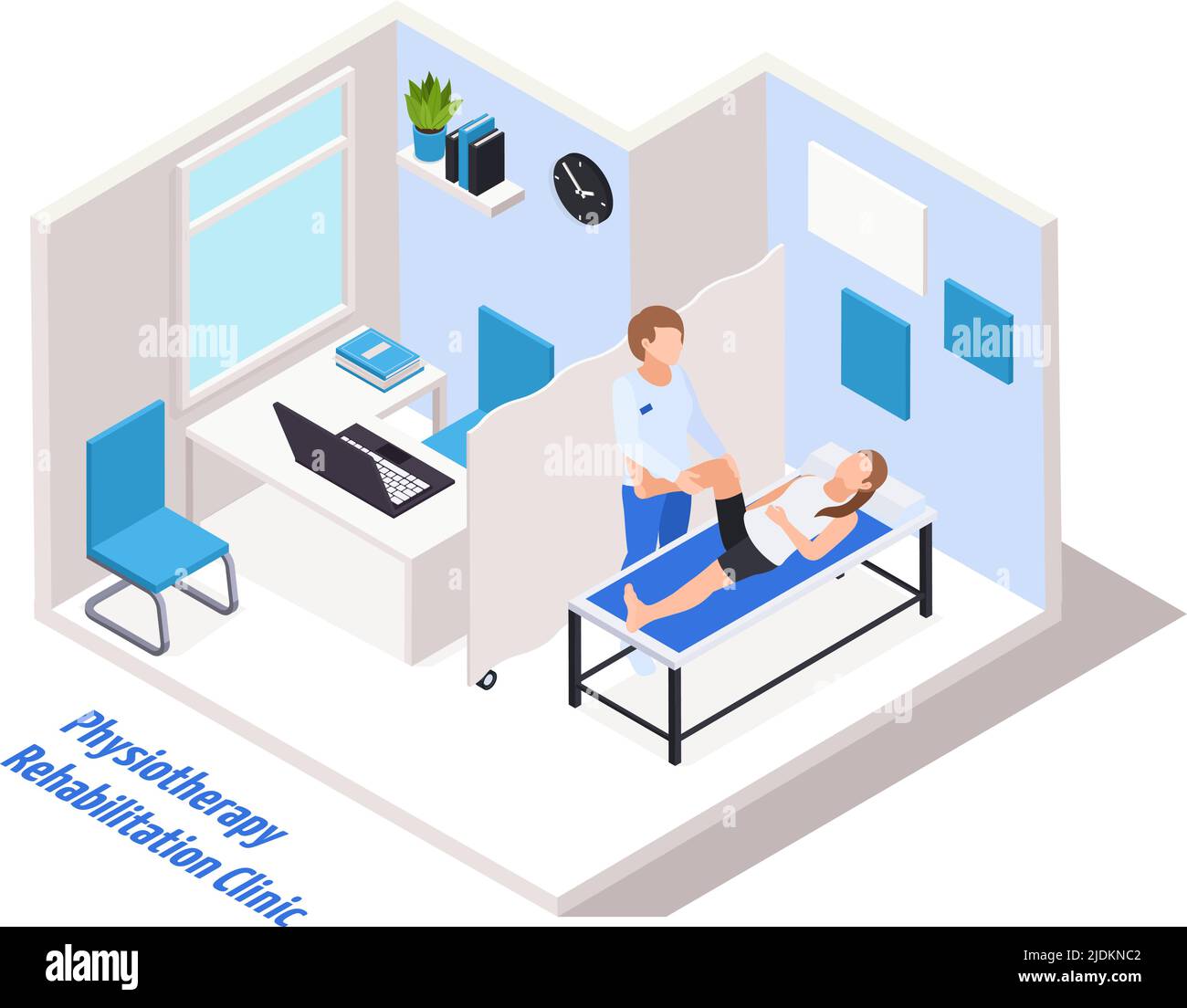 Rehabilitation Klinik Arzt Büro innere isometrische Zusammensetzung mit Physiotherapeut Durchführung der Low Limb Stärkung Behandlung Vektor illustrati Stock Vektor