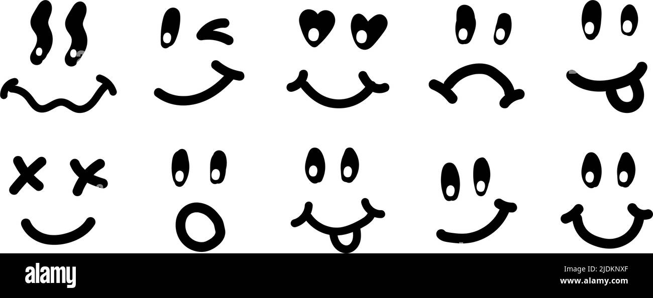 Y2K Smile Vintage Illustration. Retro Psychedelic Melt Smile Face Logo. Tropfendes Lächeln. Gut gelaunt. Positiver Emoji-Aufkleber. Vector groovy Emoji Gesicht. Gesichtssymbol. Stock Vektor