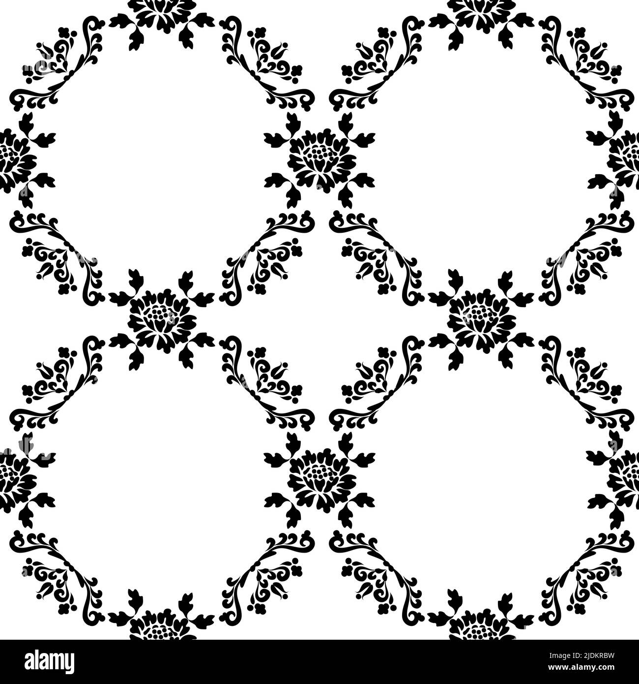 Hintergrund mit kreisförmigen Blumenmustern. Schwarzes Ornament. Vektor Blumenmuster für Stoff, Keramikfliesen oder Geschenkpapier Design. Stock Vektor