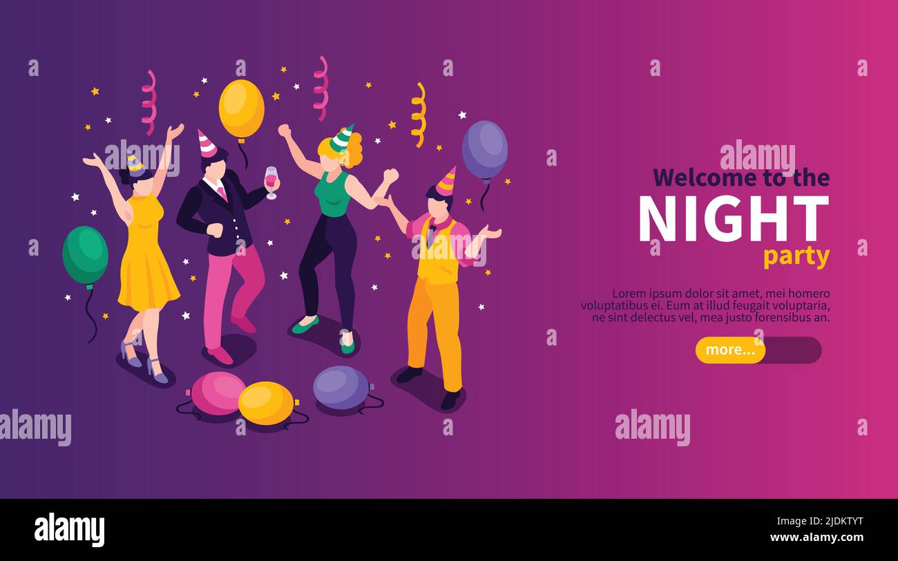 Isometrisches Feuerwerk feiert horizontales Banner mit editierbaren Text-Schieberegler-Taste und Zeichen der festlichen Party Menschen Vektor-Illustration Stock Vektor