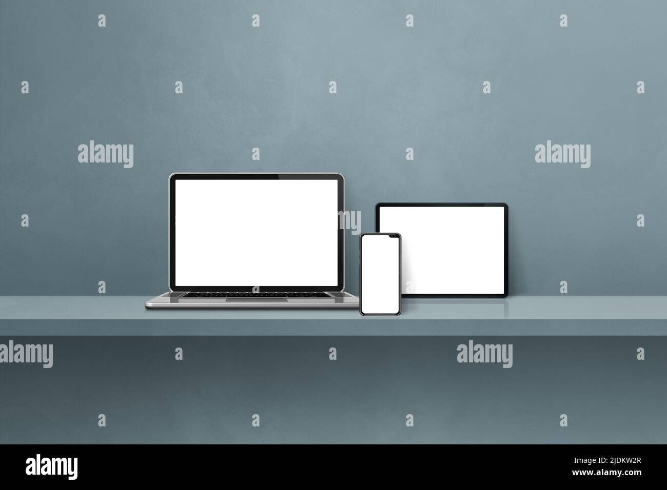 Laptop, Mobiltelefon und digitaler Tablet-pc auf grauem Wandregal.  Horizontaler Hintergrund. 3D Abbildung Stockfotografie - Alamy