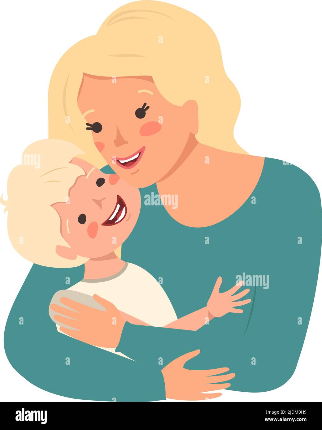 Mama mit blonden Haaren umarmt ihren Sohn. Alles gute zum Muttertag. Kinderschutztag. Frau kümmert sich um Jungen. Glückliche Menschen mit weißen Haaren. Das Kind und die Eltern lachen. Vektorgrafik flach Stock Vektor