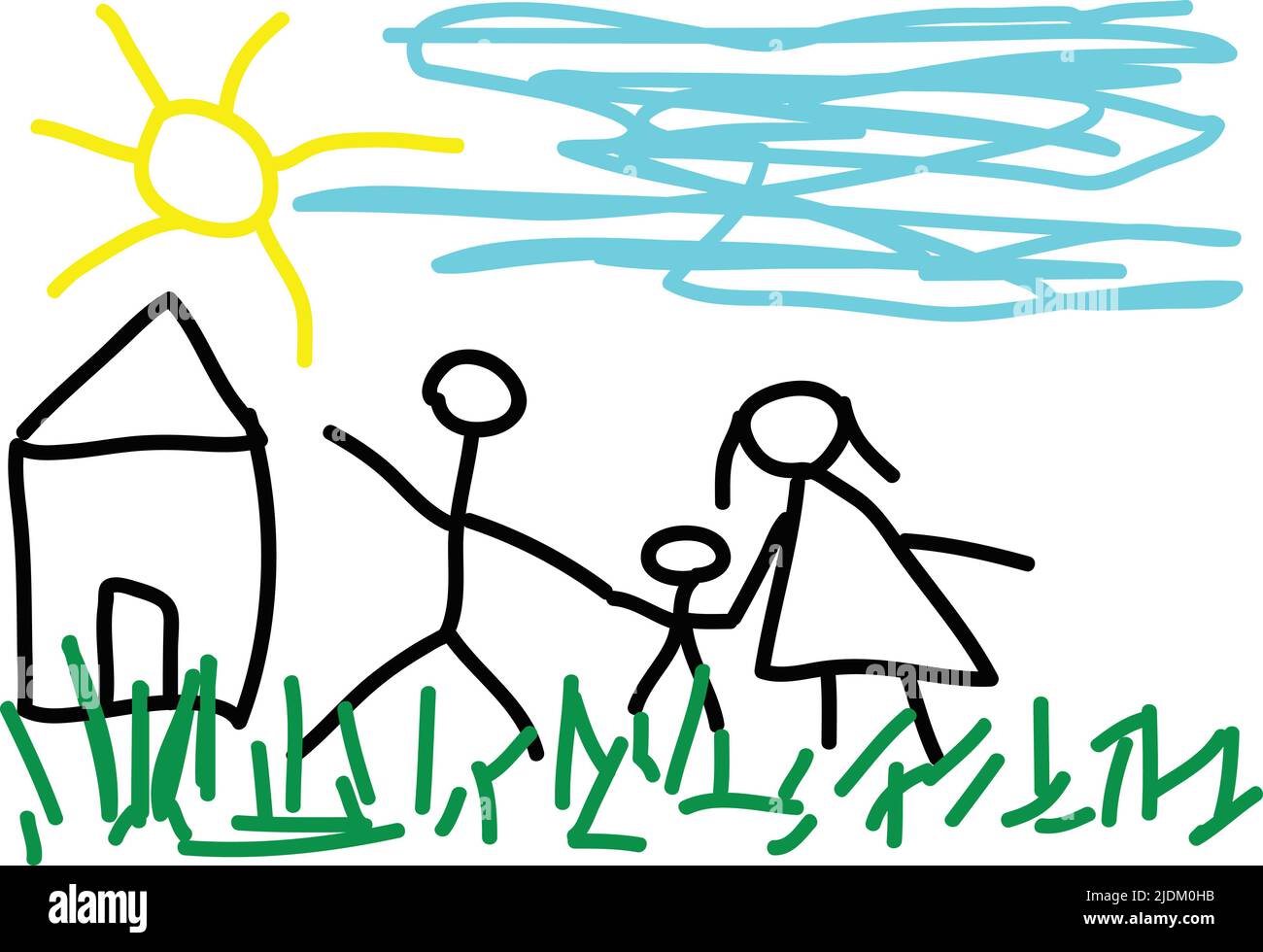 Glückliche Familie: Vater, Mutter und Kind gehen mit der Sonne am blauen Himmel nach Hause Stockfoto