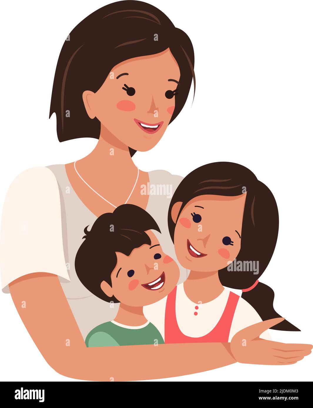 Mutter umarmt ihren Sohn und ihre Tochter. Alles gute zum Familientag. Mutter liebt Kinder. Internationaler Muttertag, Frauentag. Elternschaft und Fürsorge. Menschen mit braunen Haaren und Gesichtern. Vektor flache Cartoon-Illustration Stock Vektor