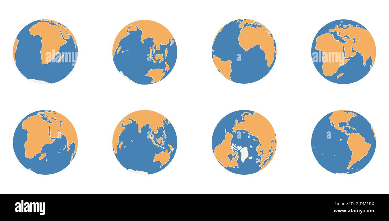 Planet Erde vereinfachte handgezeichnete Farbsymbole. Globus verschiedene Ansichten über Nordpol, Afrika, Amerika, Australien, Europa, Asien, Kontinente, Vektordarstellung „Circle World Map“ Stock Vektor