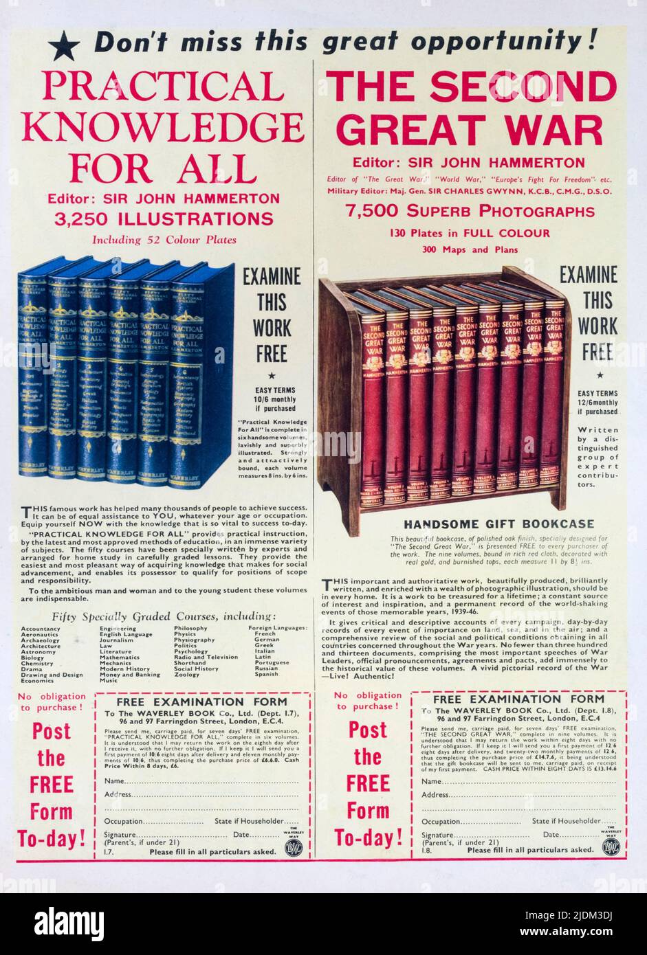1950s Werbung für die Bücher „Practical Knowledge for All“ und „The Second Great war“ herausgegeben von Sir John Hammerton. Stockfoto