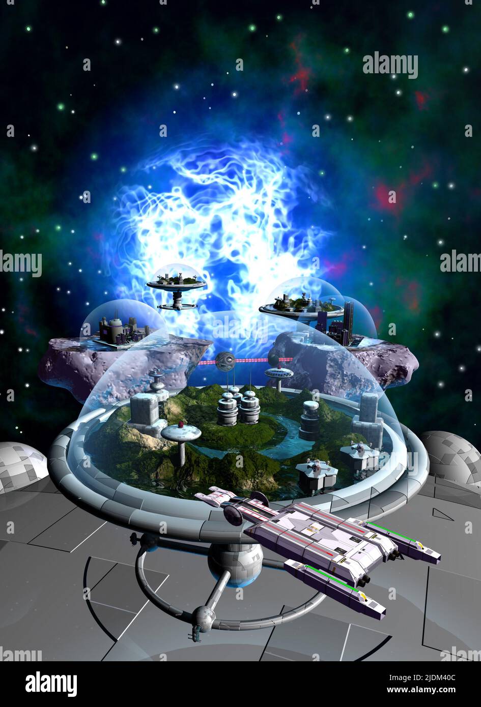 Raumschiffe und Raumbasis im Weltraum, im Hintergrund Nebel und dunkler Himmel mit Sternen, 3D Abbildung Stockfoto