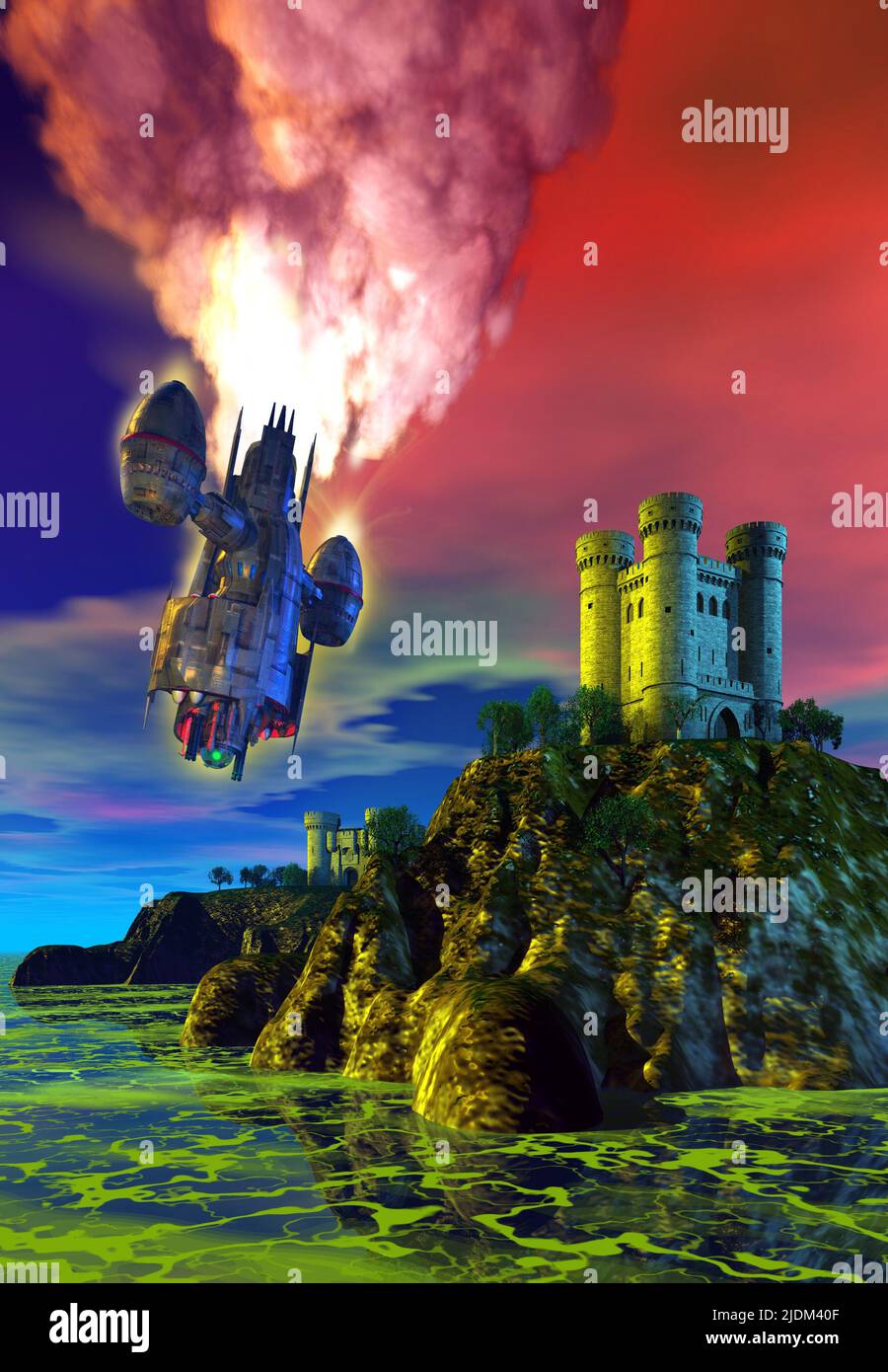 Futuristische Landschaft, 3D Illustration, Raumschiff explodiert am Himmel, im Hintergrund eine mittelalterliche Landschaft mit Insel, Burg und Meer, Stockfoto