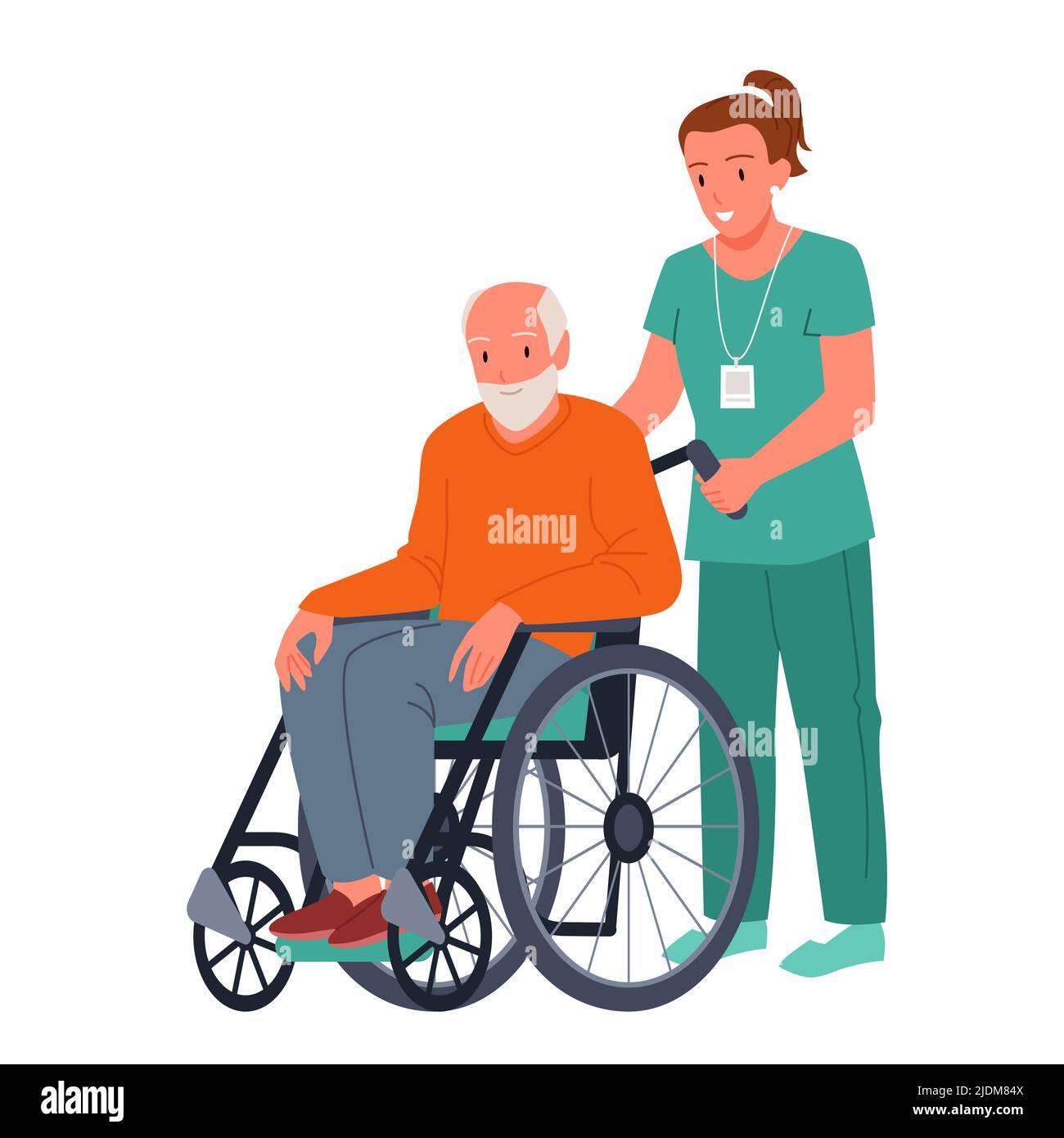 Krankenschwester, die einen Rollstuhl trägt, mit einem alten Patienten sitzt, Pflegekraft, die sich um einen älteren Mann kümmert Stock Vektor