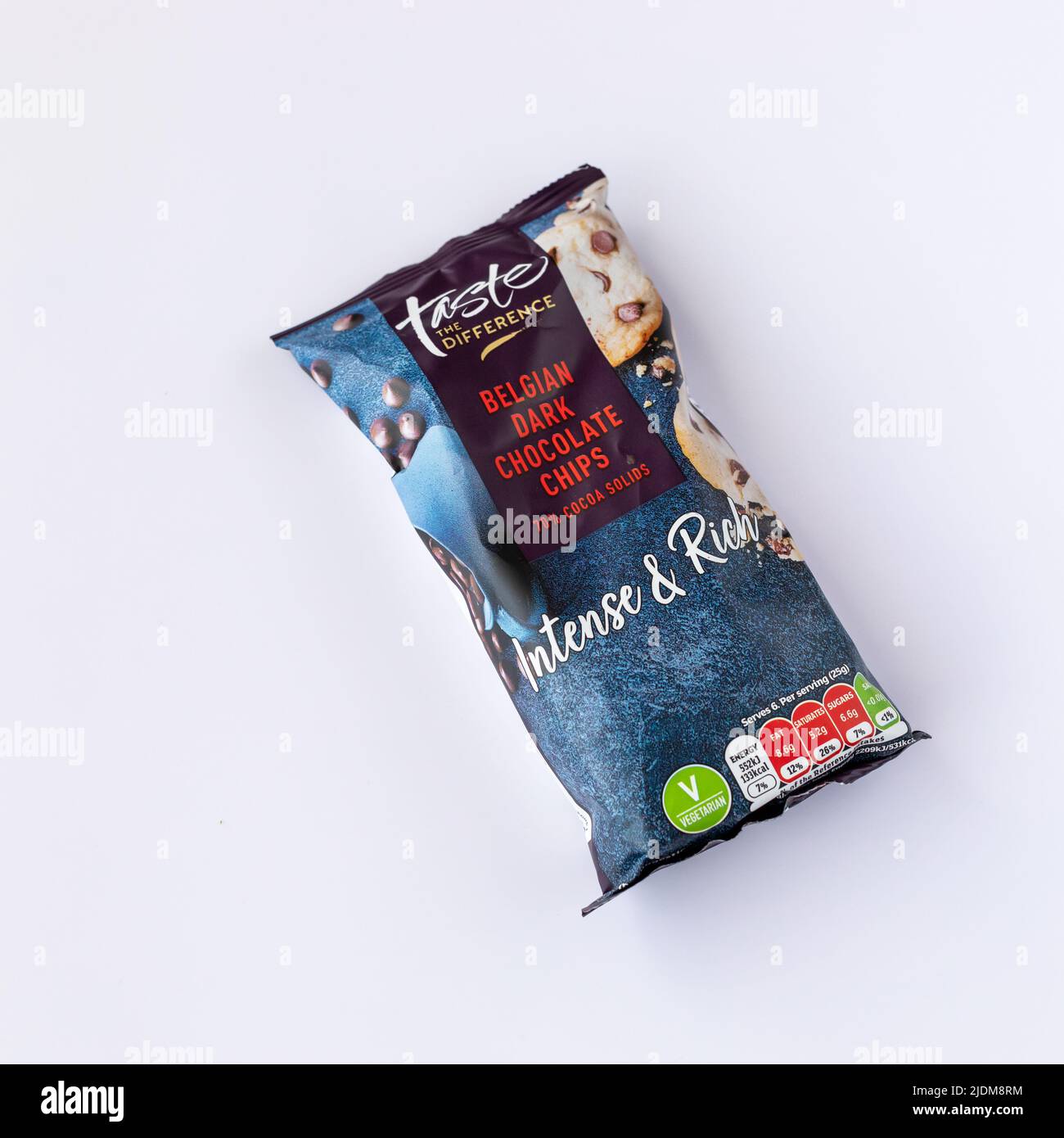 Packung Sainsburys schmecken den Unterschied dunkle Schokolade Chips Stockfoto