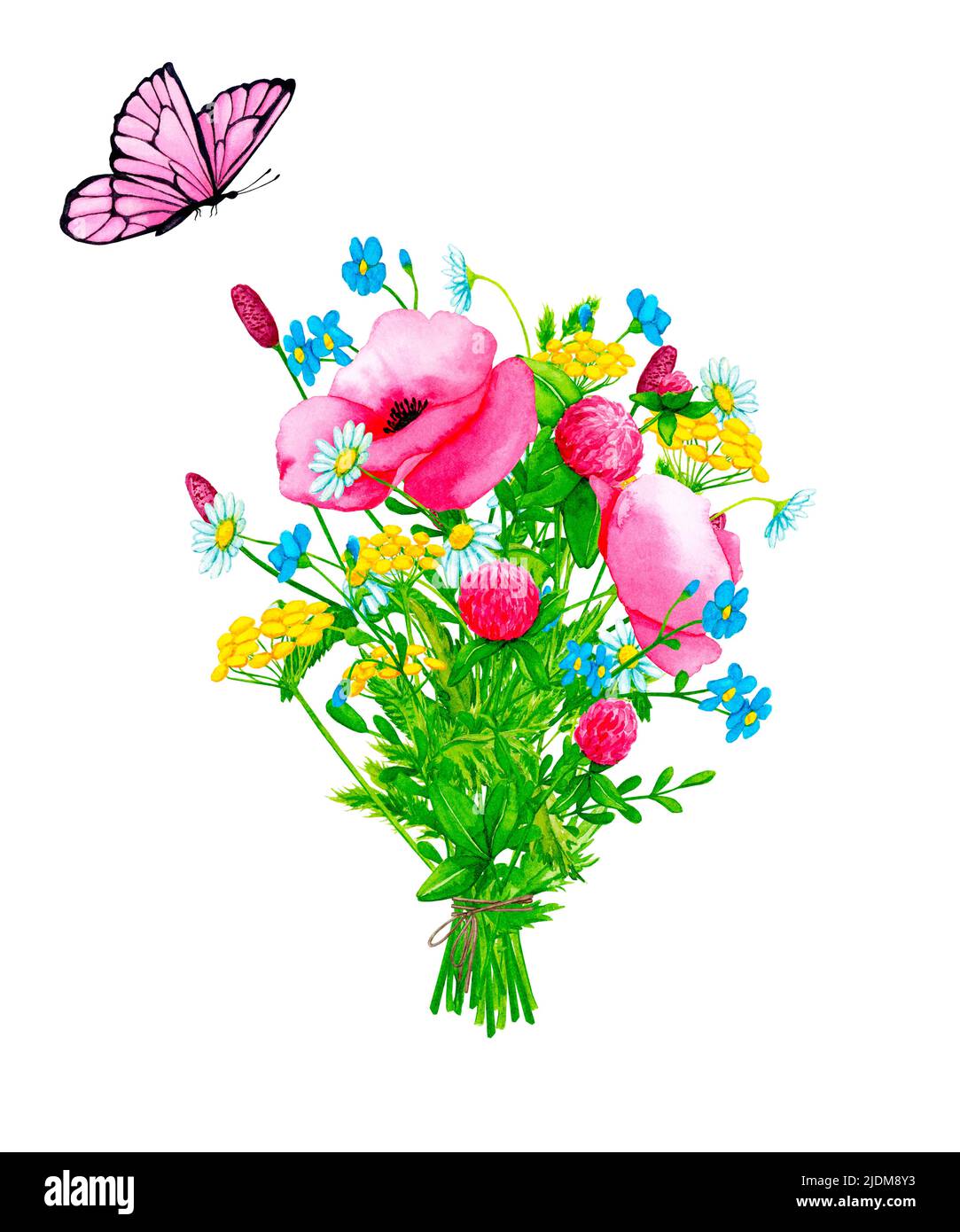 Bouquet von bunten Feldblumen mit einem Schmetterling. Handgezeichneter Clipart mit Aquarellfarben. Designelemente für Karten, Einladungen, Poster, Stoffdruck. Stockfoto