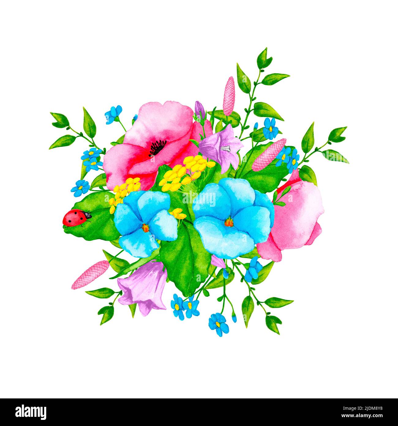 Bouquet von bunten Feldblumen. Handgezeichneter Clipart mit Aquarellfarben. Designelemente für Karten, Einladungen, Poster, Stoffdrucke, Muster. Stockfoto