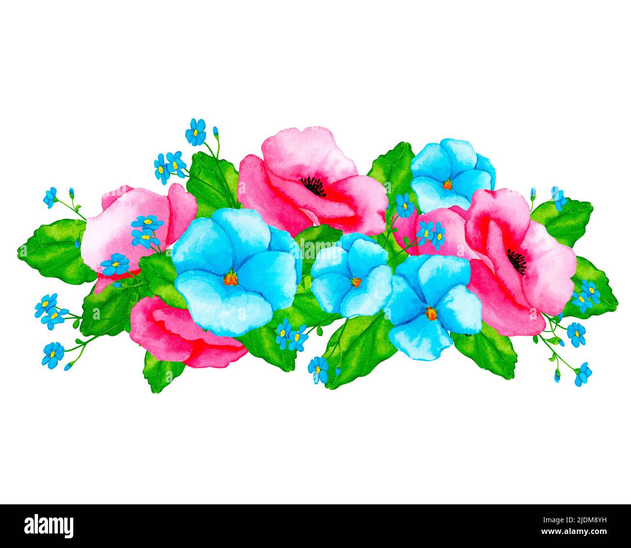 Aquarell-Vignette aus Wildblumen und wilden Kräutern. Handgezeichneter Clipart mit Aquarellfarben. Gestaltungselement für Karten, Einladungen, Poster, Stoffdrucke. Stockfoto