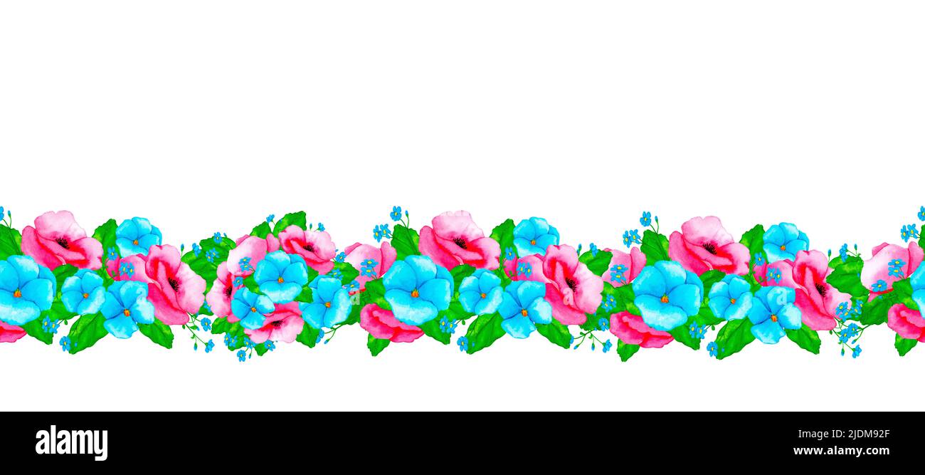 Nahtlose Grenze mit Wildblumen und wilden Kräutern. Gestaltungselement für Karten, Einladungen, Poster, Stoffdrucke, Muster, Briefpapier, Logo, Etikett. Stockfoto