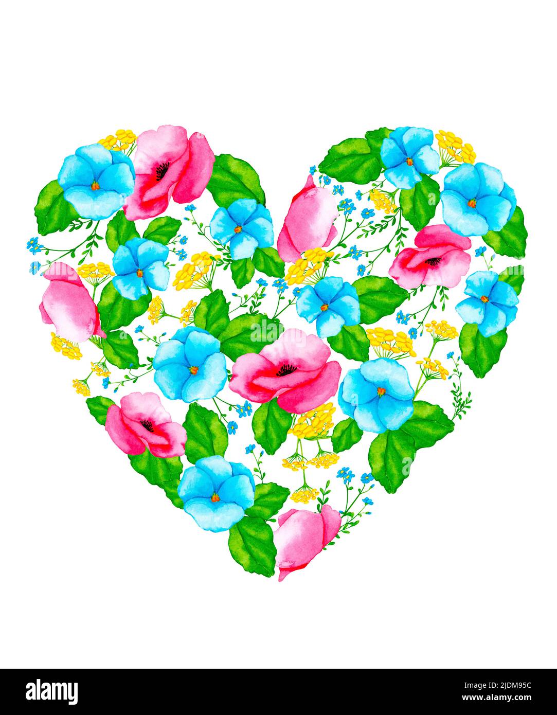 Herzform aus wasserfarbenen Wildblumen. Gestaltungselement für Karten, Einladungen, Poster, Stoffdrucke, Muster, Schreibwaren, Etiketten. Stockfoto