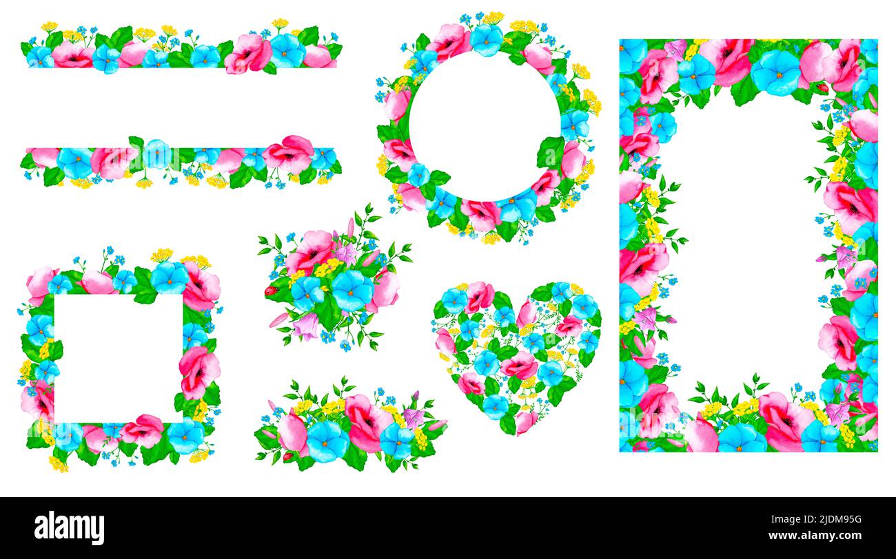 Großer Satz von Rahmen und Designs aus Aquarell-Wildblumen und Wildkräutern. Aquarell-Cliparts für Karten, Einladungen, Poster, Stoffdrucke, Etiketten. Stockfoto