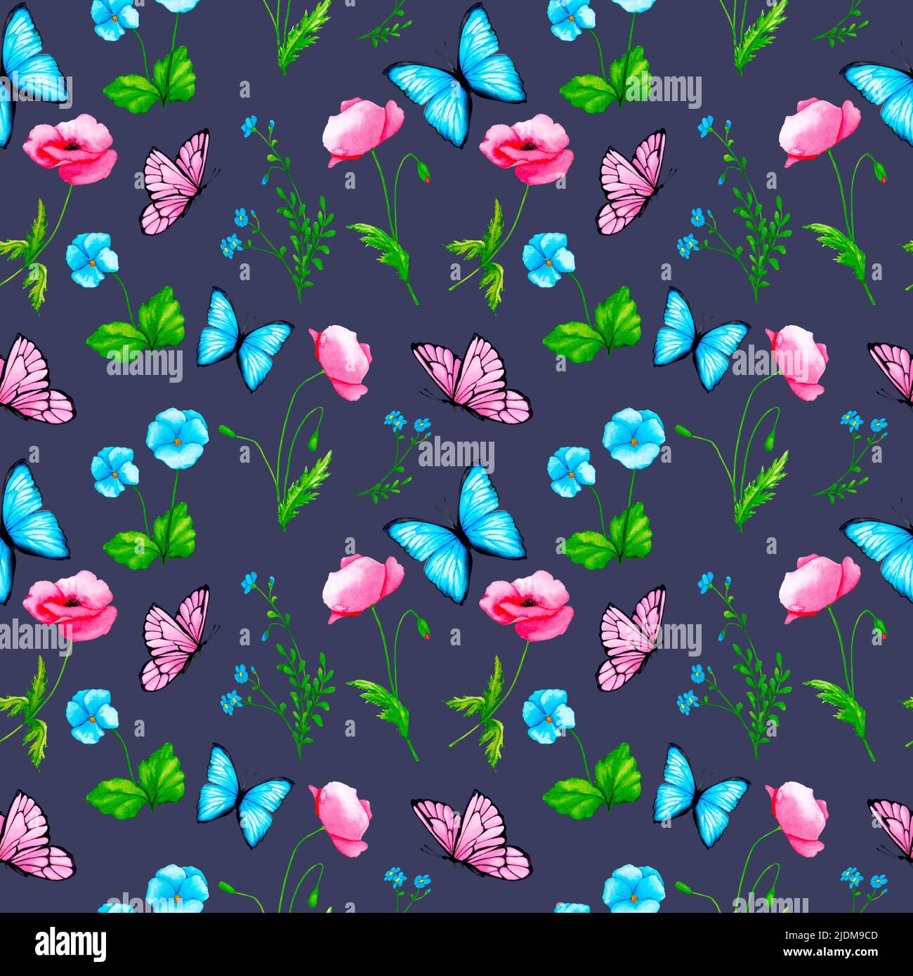 Nahtloses Muster. Aquarell Blumen und Schmetterlinge auf einem dunklen Hintergrund. Mohnblumen, Vergissmeinnicht, Stiefmütterchen. Design zum Einwickeln von Papier, Stoff. Stockfoto