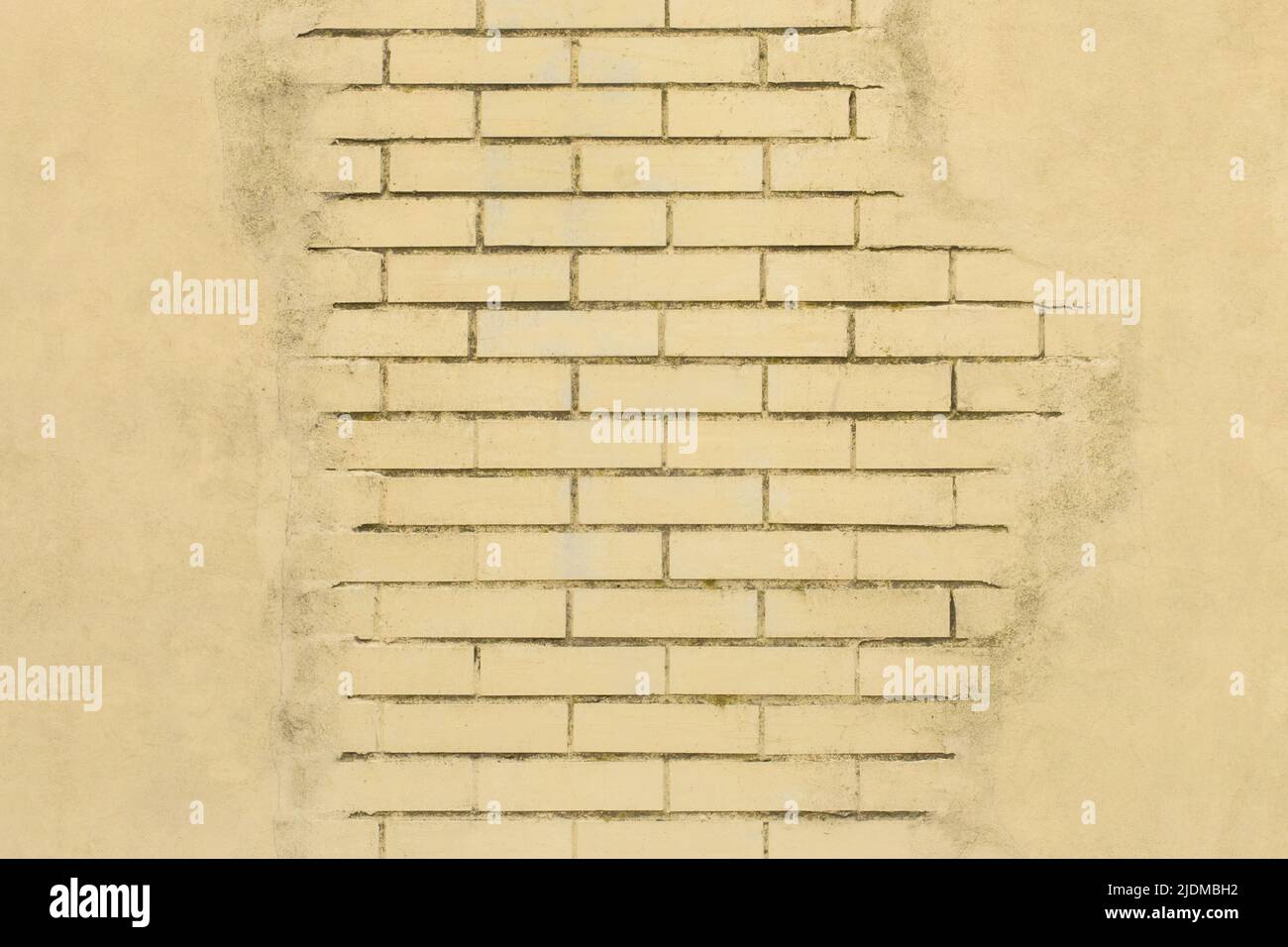 Gelbe Farbe Retro Backstein Wand alten Mauerwerk Textur und Zement Beton Hintergrund Oberfläche. Stockfoto