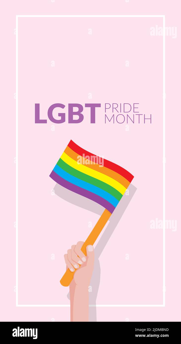vektor der Hand hält Regenbogenfahne isoliert auf rosa Hintergrund mit Text LGBT Pride Monat , vertikal Stock Vektor