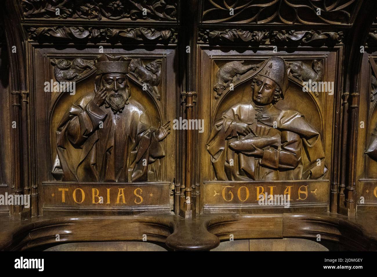 Spanien, Leon, Castilla y Leon, geschnitzte Holztafeln im Chor der Kathedrale von Santa Maria. Stockfoto