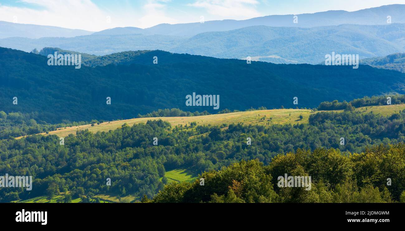 Bergkulisse an einem idyllischen Sommertag. Ländliche Landschaft der Kapathischen alpen mit frischen grünen Wiesen und bewaldeten Hügeln. Dorf in der Ferne Stockfoto