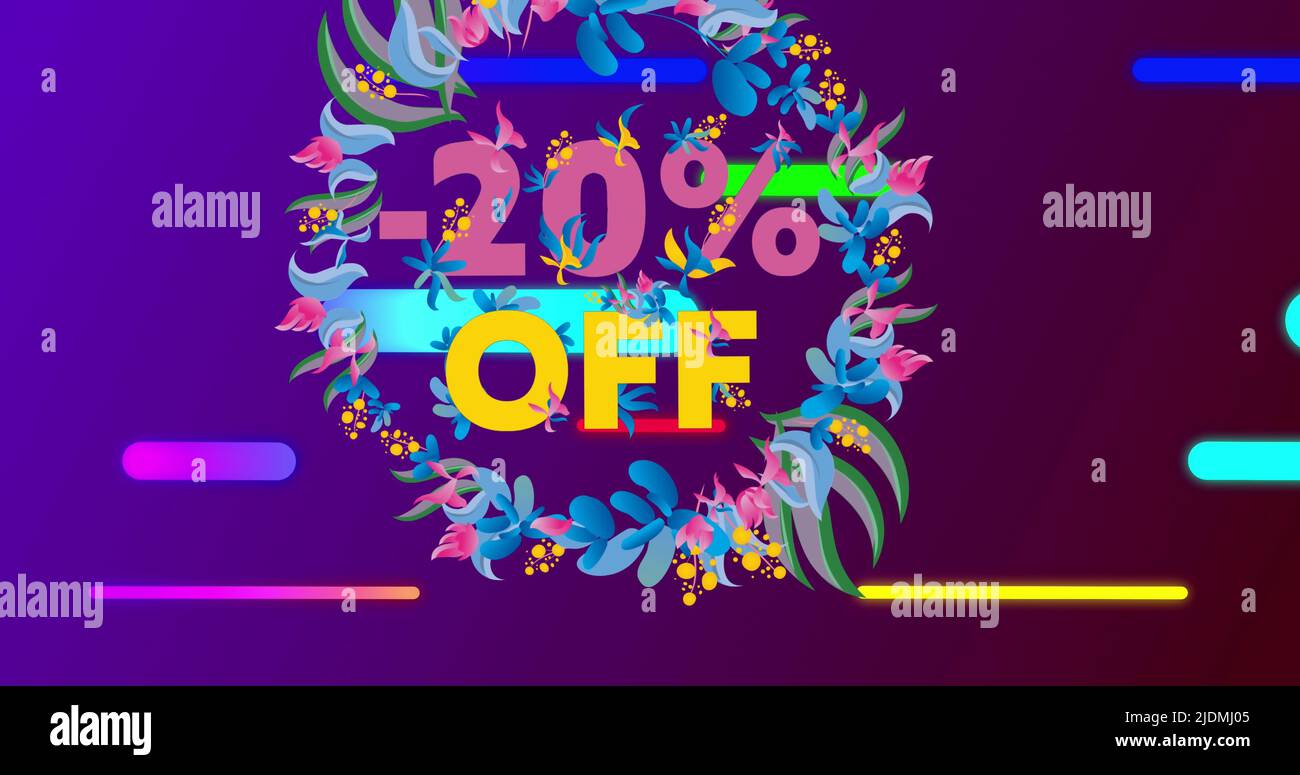 Bild von 20 % Rabatt auf Text mit Blumenmuster und leuchtenden Neonlinien auf violettem Hintergrund Stockfoto