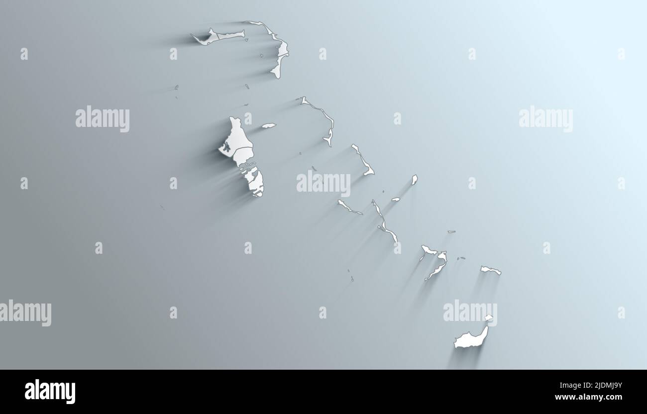 Geographische Karte der Bahamas mit Bezirken mit Bezirken mit Regionen mit Schatten Stockfoto
