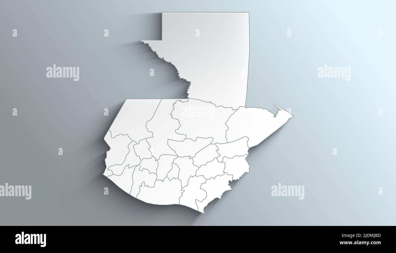 Geographische Karte von Guatemala mit Departements mit Counties mit Regionen mit Schatten Stockfoto