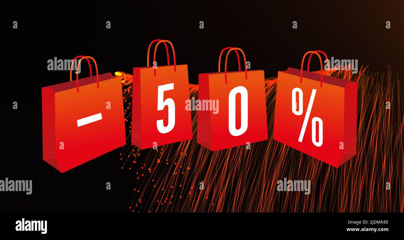 Bild von bunten Streifen und 50 Prozent Verkaufstext auf Einkaufstaschen Stockfoto
