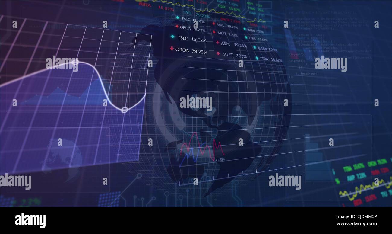 Abbildung von Finanzdaten und -Diagrammen über dem rotierenden Globus Stockfoto