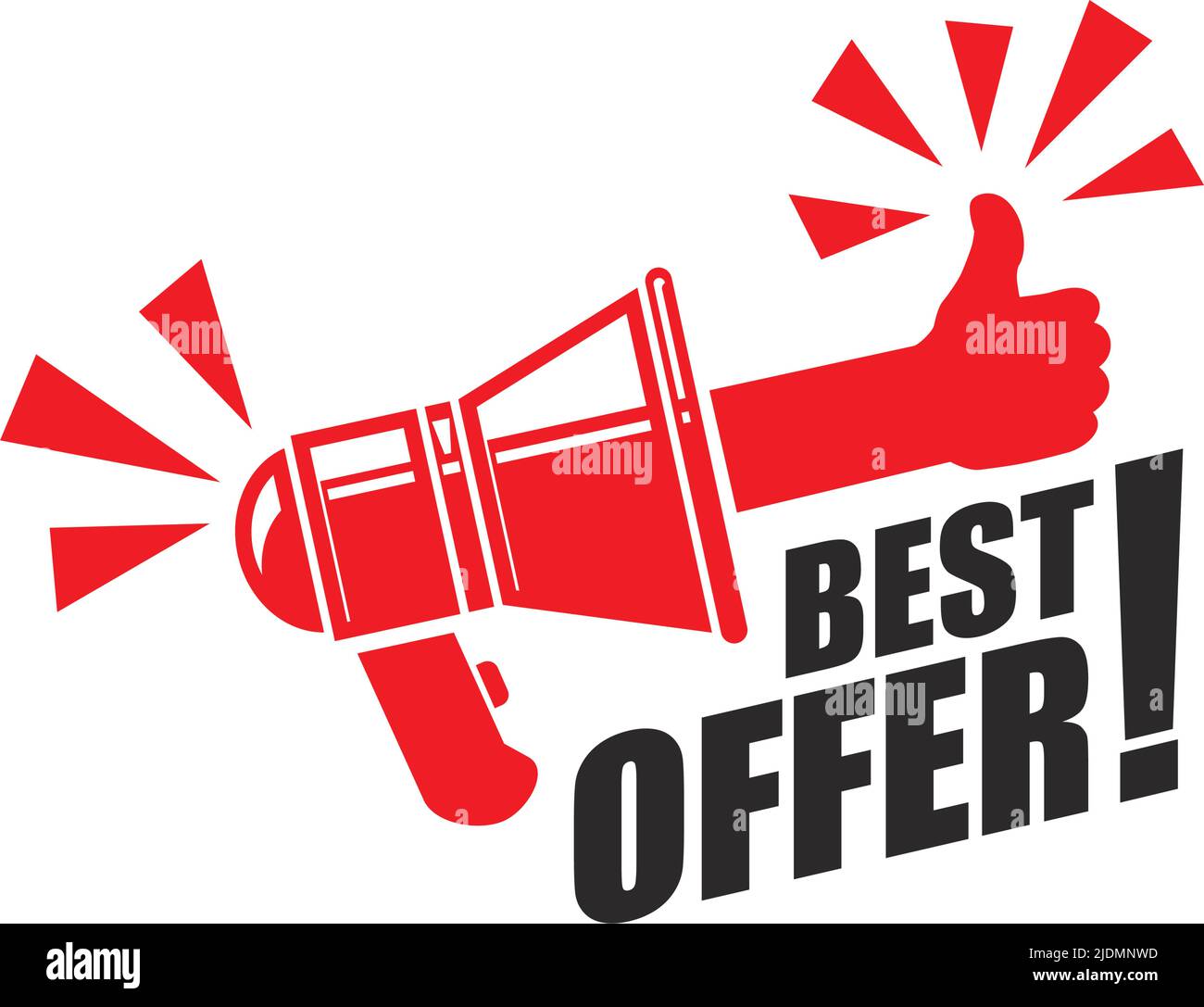 Werbeaufkleber bestes Angebot mit rotem Daumen nach oben und Megaphon. Vektor auf transparentem Hintergrund Stock Vektor