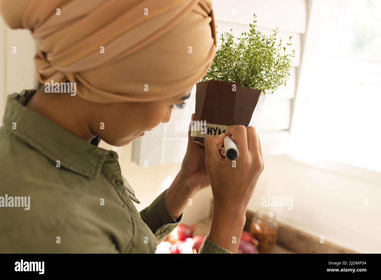 Biracial junge Frau in Hijab Kennzeichnung Topf mit Thymian Pflanze zu Hause Stockfoto
