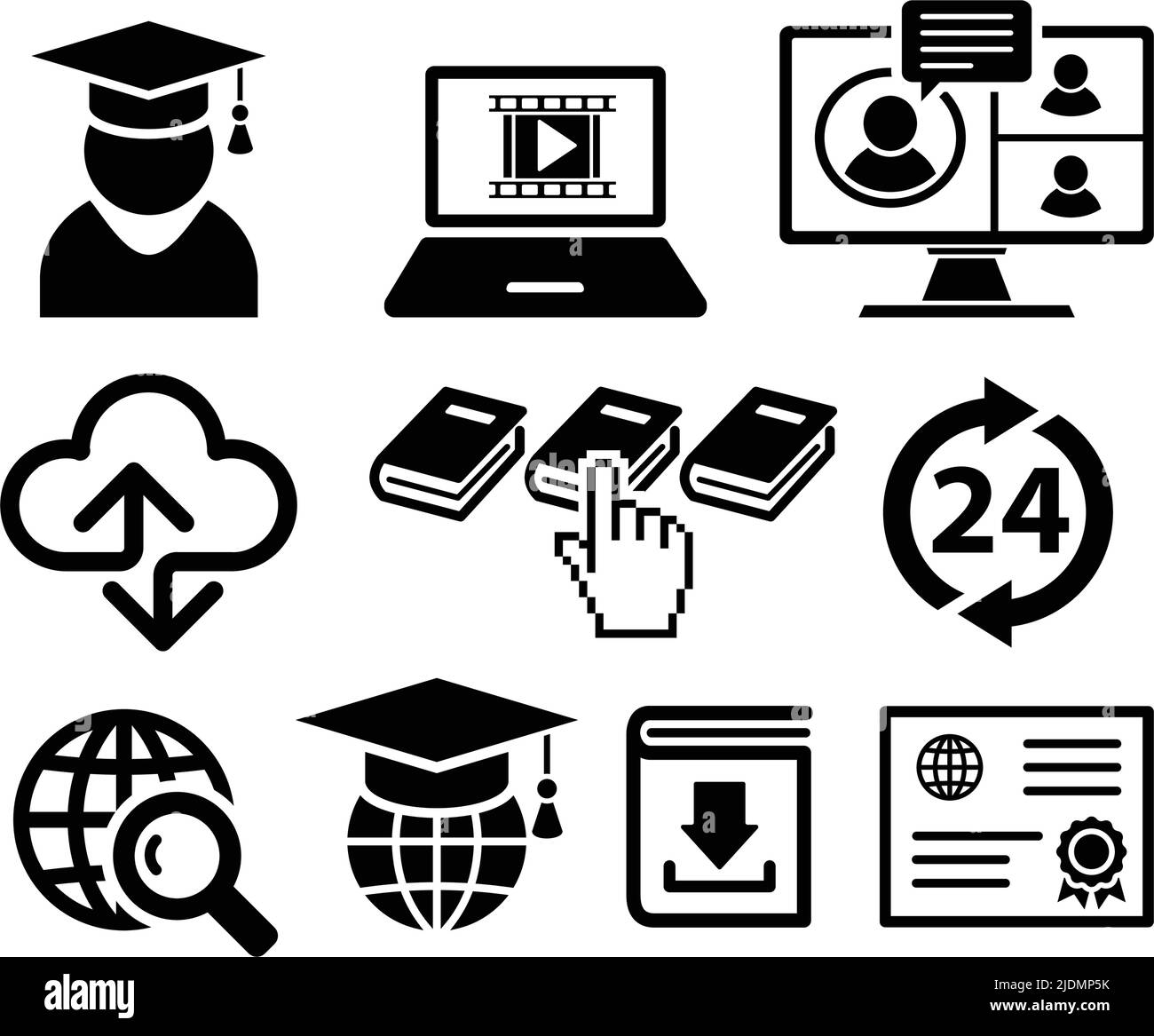 Digitales Fernlernen. Einfacher Satz von Vektorlinien-Symbolen für Online-Bildung. Stock Vektor