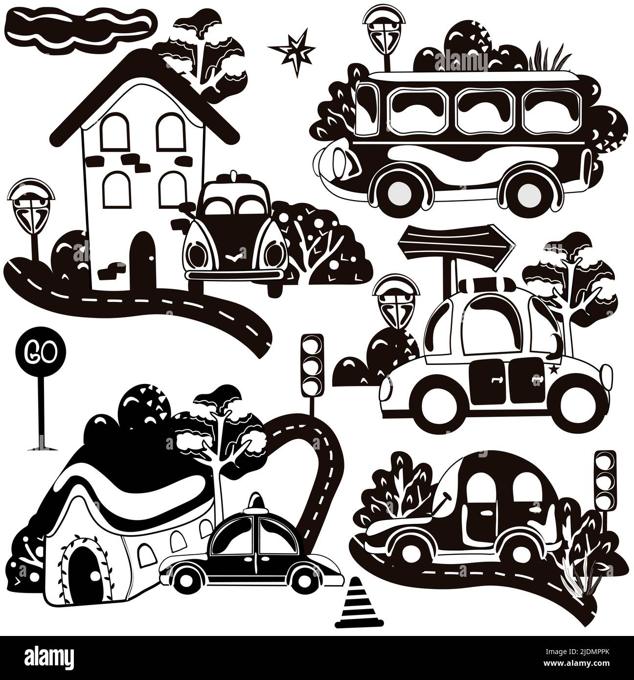 Set schwarz-weiß Zusammensetzung mit verschiedenen Arten von Transport, Verkehrszeichen, Baum und andere. Symbol für Ihr Design. Vektorgrafik. Stock Vektor
